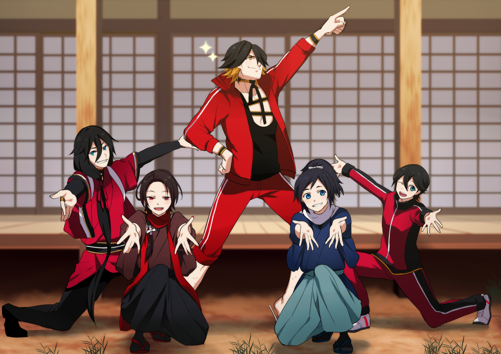 5boys, black_hair, blonde_hair, blue_eyes, brown_hair, grin, hakama, hare_hare_yukai