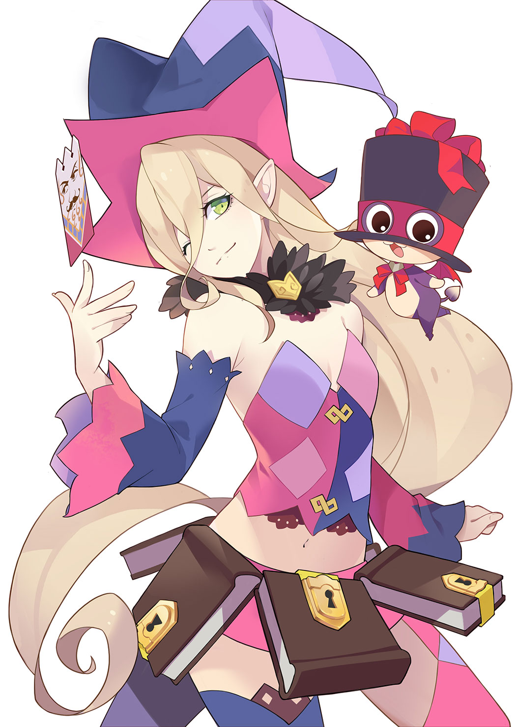 1girl, bienfu_(tales), blonde_hair, blue_legwear, book, bow, closed_mouth, cowboy_shot