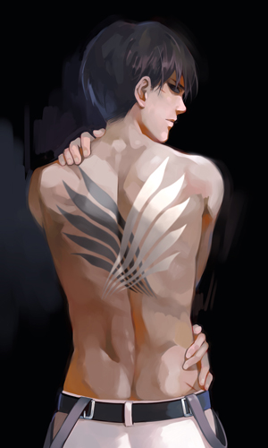 1boy, back, kebei, levi_(shingeki_no_kyojin), looking_back, lowres, muscle, self_hug