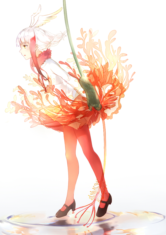 1girl, black_shoes, blouse, commentary_request, crested_ibis_(kemono_friends), flower, from_side, full_body