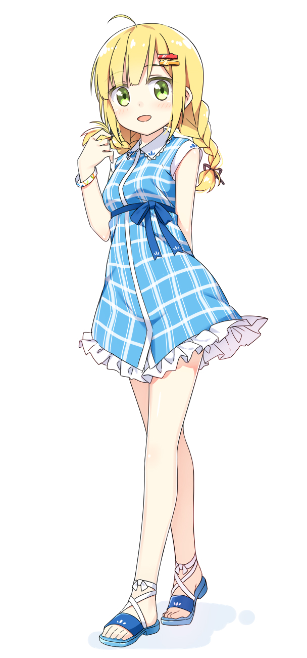 1girl, :d, ahoge, alternate_hairstyle, arm_behind_back, bangle, bangs, bare_legs, blonde_hair, blue_bow, blunt_bangs, blush, bow, bracelet, braid, breasts, brown_ribbon, collared_dress, colored_eyelashes, commentary_request, dress, emilia_(krt_girls), eyebrows_visible_through_hair, frilled_dress, frills, full_body, green_eyes, hair_ornament, hair_ribbon, hairclip, hatsunatsu, highres, jewelry, krt_girls, long_hair, looking_at_viewer, no_socks, open_mouth, original, plaid, plaid_dress, playing_with_own_hair, ribbon, sandals, shiny, shiny_hair, simple_background, sleeveless, sleeveless_dress, small_breasts, smile, solo, standing, tareme, twin_braids, white_background, wing_collar