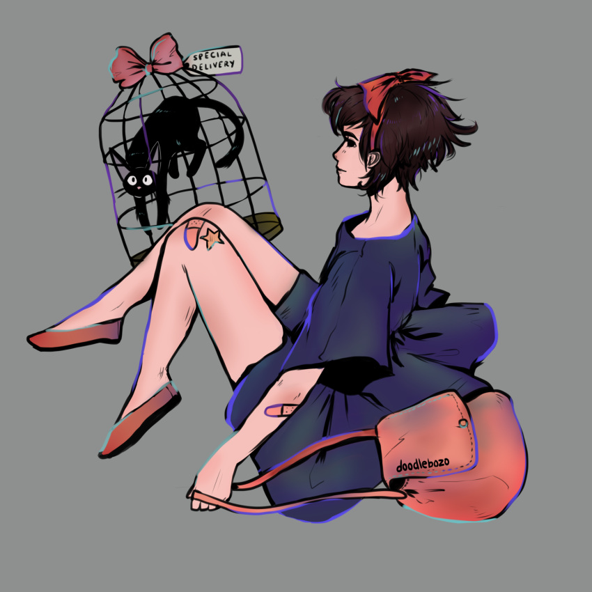 bag, bandaid, black_cat, bow, brown_hair, cage, cat, doodlebozo