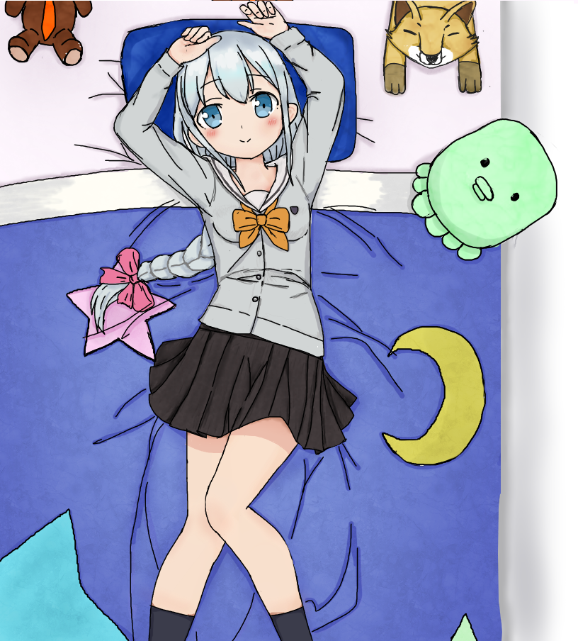 1girl, :>, arms_up, bed, bed_sheet, black_legwear, black_skirt, blanket