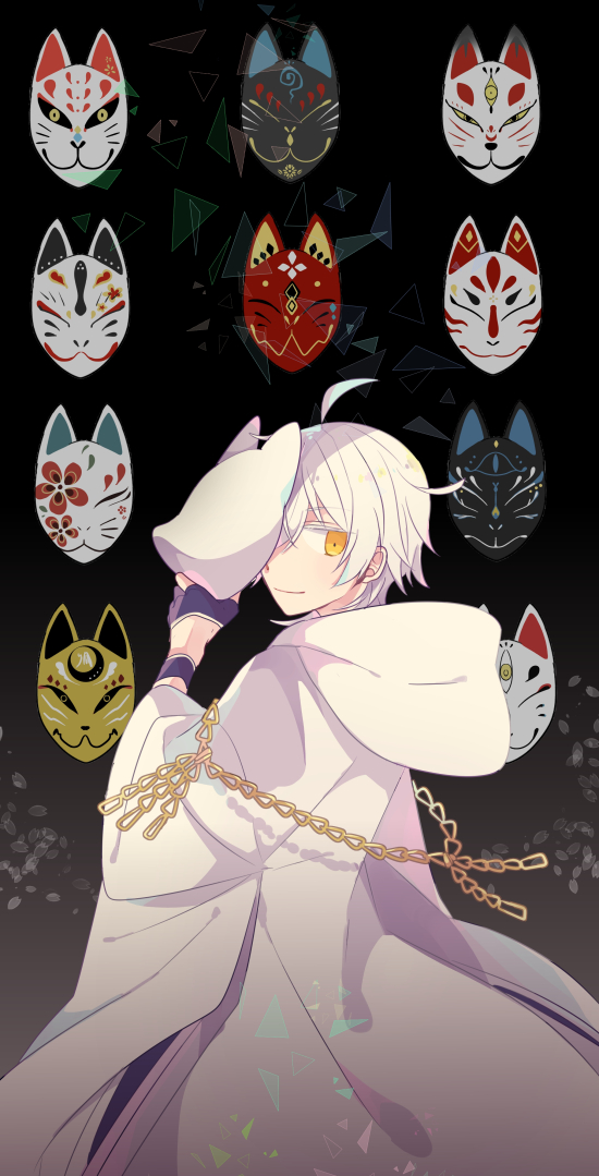 1boy, black_gloves, fox_mask, gloves, hood, japanese_clothes, looking_back, male_focus