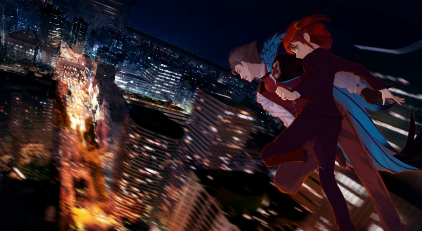 1boy, 1girl, ahoge, akai_ronii, backlighting, black_gloves, black_pants, black_shoes