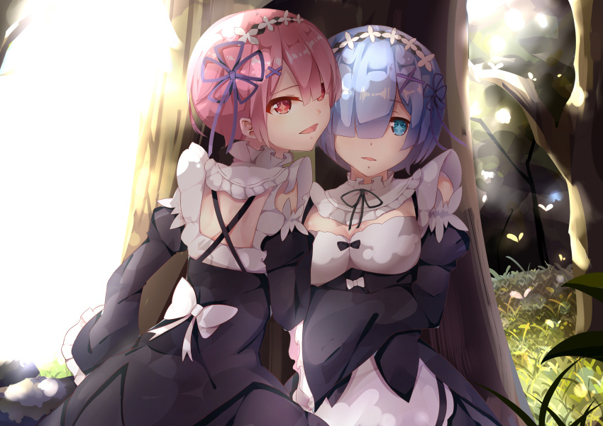 +_+, 2girls, absurdres, against_tree, blue_hair, breasts, capelet, cleavage