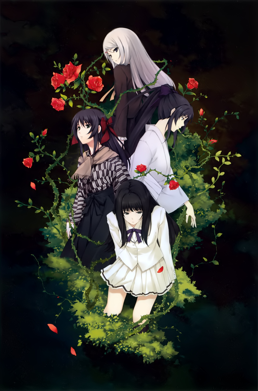 4girls, absurdres, black_hair, cartagra, flower, hakama, highres, japanese_clothes, kara_no_shoujo, kimono, kouzuki_kazuna, kouzuki_yura, kuchiki_touko, meiji_schoolgirl_uniform, mikanagi_kuon, multiple_girls, petals, plant, ponytail, pp:_pianissimo, red_rose, rose, school_uniform, siblings, silver_hair, sisters, sugina_miki, thorns, twins, vines, yagasuri