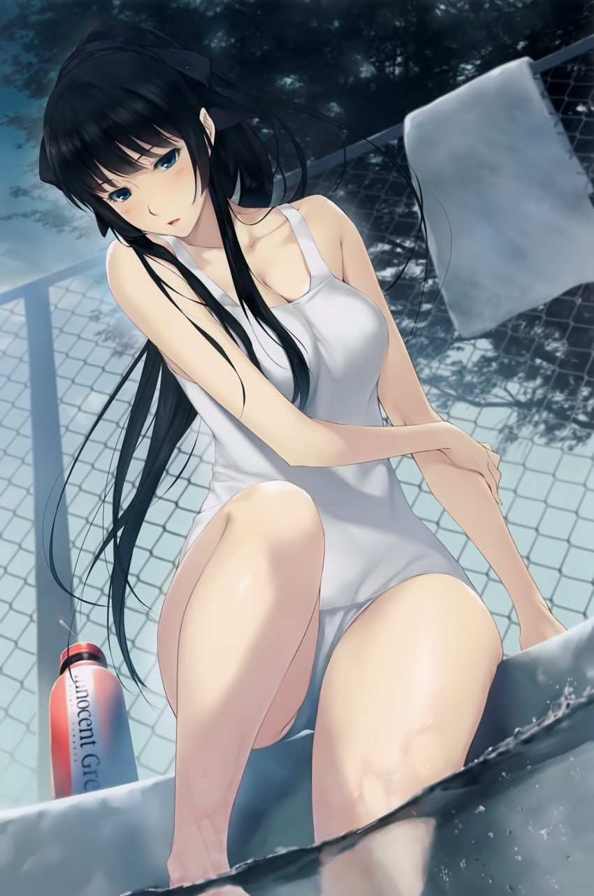 1girl, absurdres, bare_shoulders, black_hair, blue_eyes, bottle, breasts, chain-link_fence