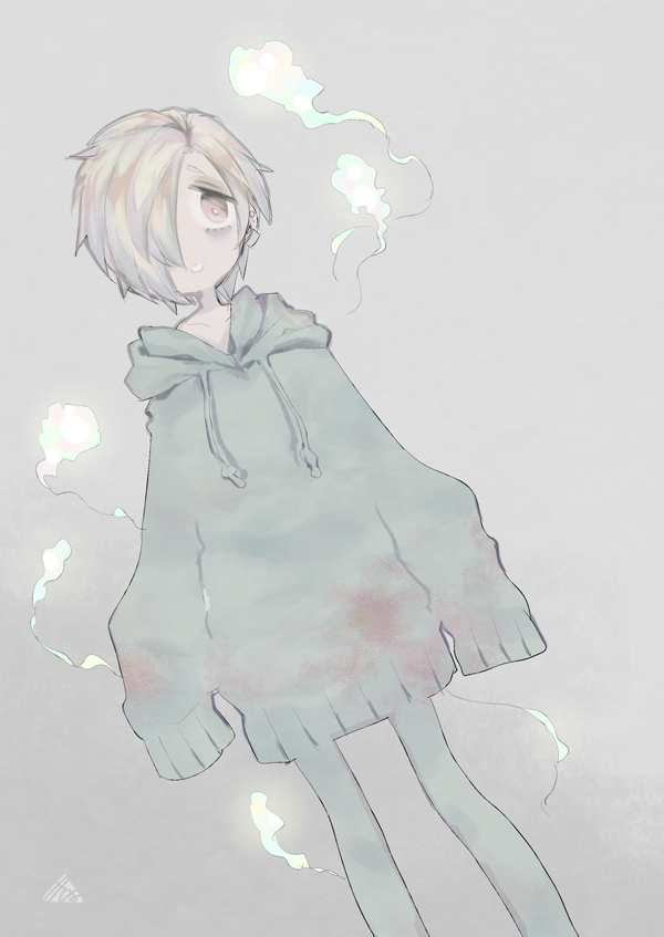 1girl, artist_name, black_legwear, black_sweater, blonde_hair, blood, blood_stain, commentary