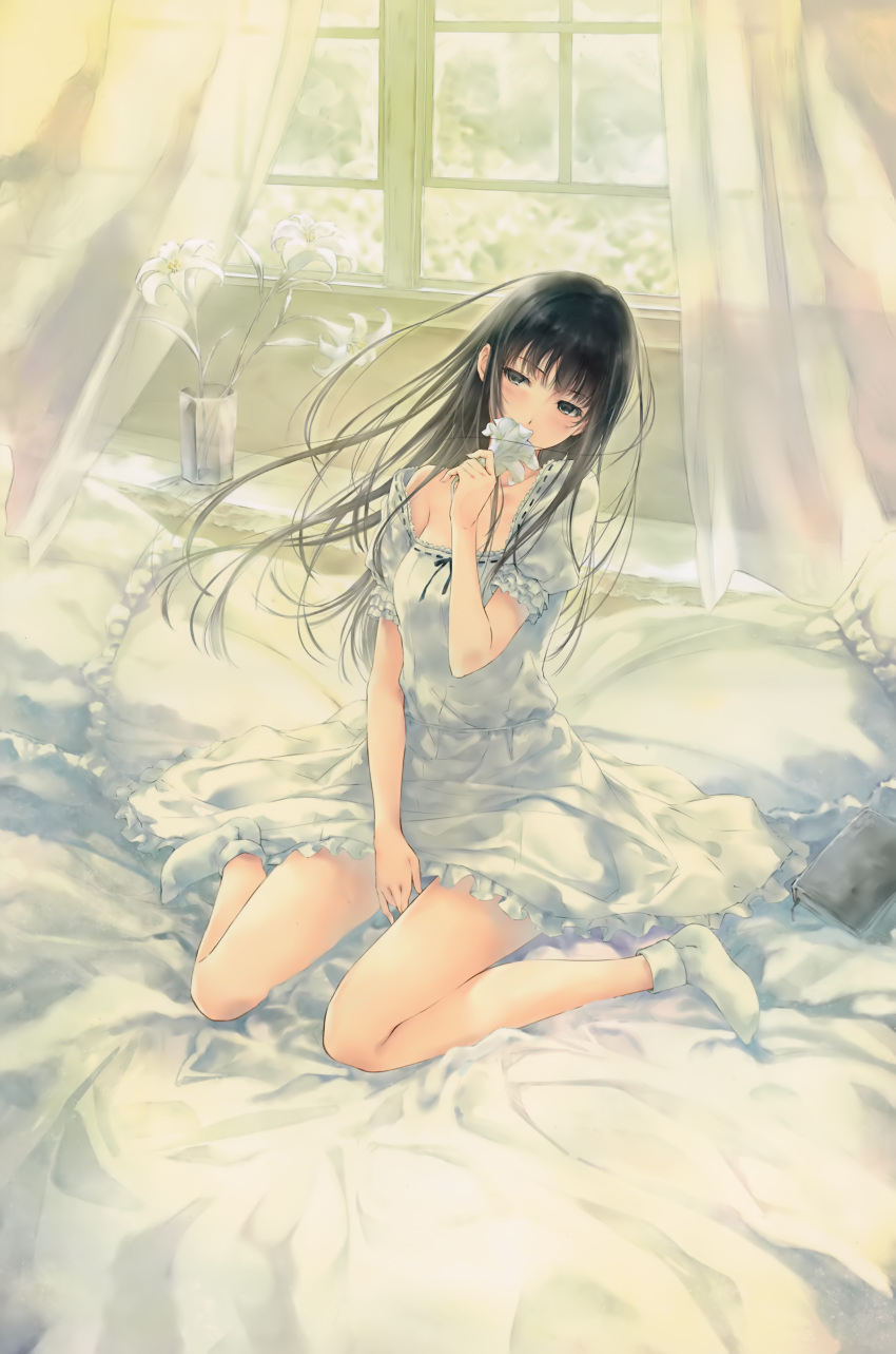 1girl, absurdres, barefoot, bed, bed_sheet, black_hair, blush, curtains