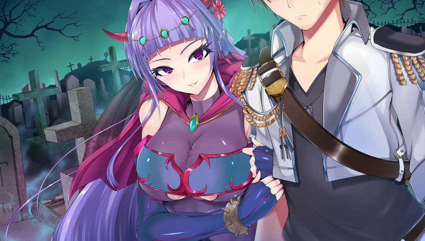 1boy, 1girl, bangs, bare_tree, black_shirt, blunt_bangs, blush, bracelet