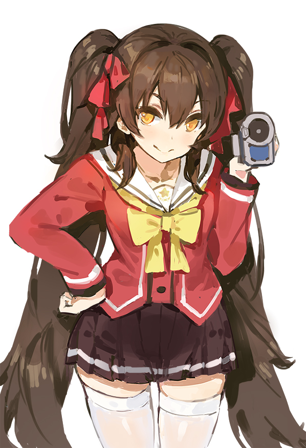 1girl, brown_hair, camcorder, charlotte_(anime), cosplay, eyebrows, girls_frontline, hair_between_eyes