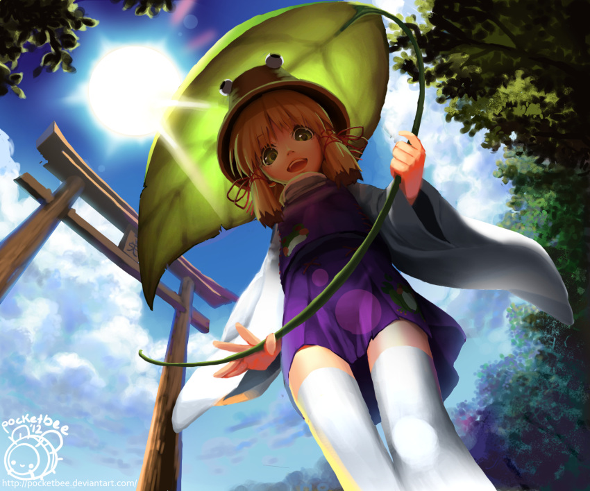 1girl, blonde_hair, from_below, green_eyes, hair_ribbon, hat, highres, leaf_umbrella