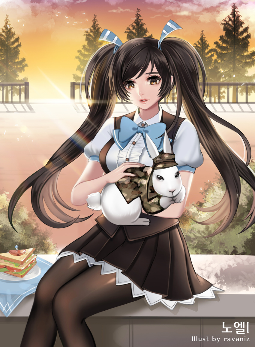 1girl, artist_name, bird, black_eyes, black_hair, bush, clouds, cyphers