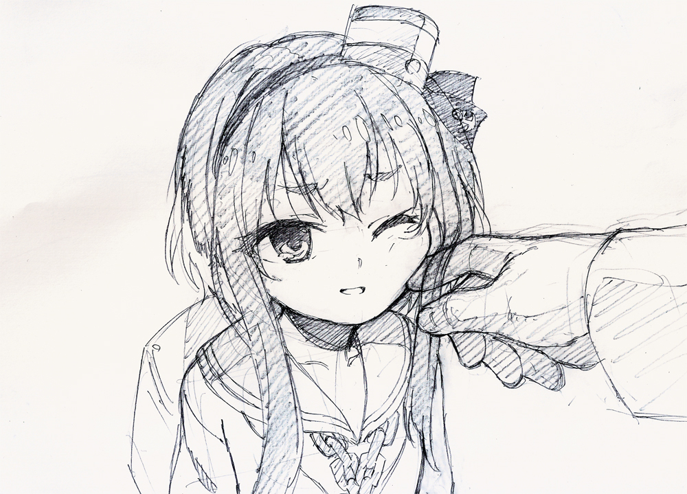 1girl, chain_necklace, hairband, hand_on_another's_cheek, hand_on_another's_face, kantai_collection, looking_up, monochrome, one_eye_closed, shirubaburu, short_hair_with_long_locks, simple_background, sketch, smile, solo_focus, stroking_cheek, tokitsukaze_(kantai_collection), traditional_media, white_background