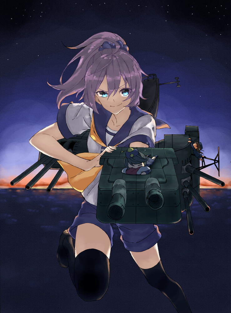 1girl, aiming_at_viewer, aoba_(kantai_collection), aqua_eyes, black_legwear, cannons, clouds, fairy_(kantai_collection)