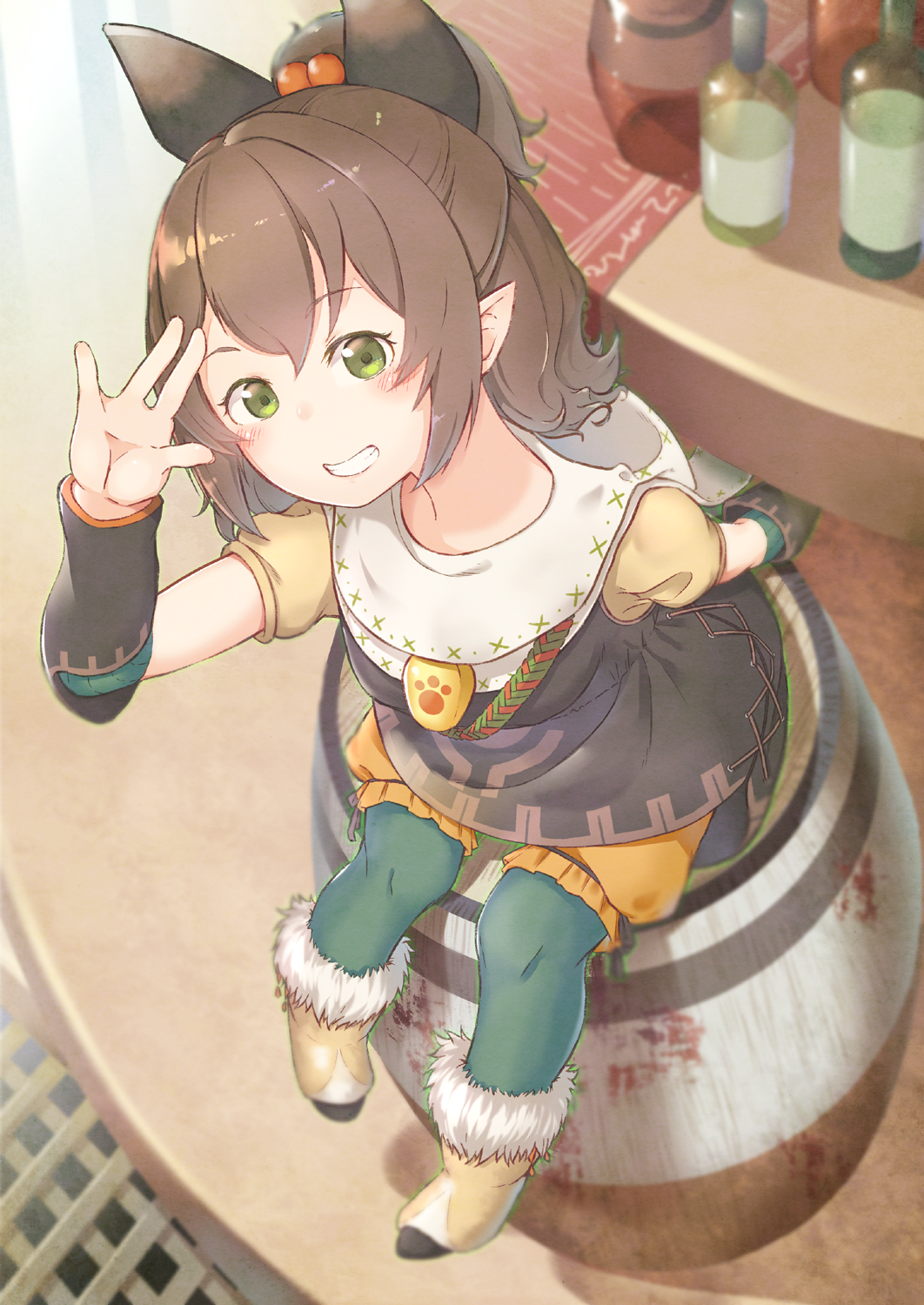 1girl, animal_ears, arm_warmers, barrel, bloomers, blush, boots, bottle