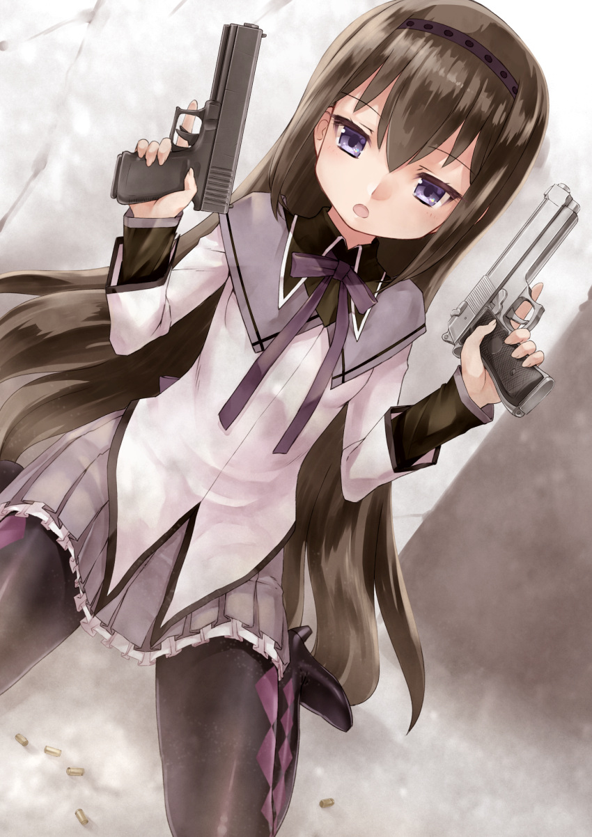 10s, 1girl, akemi_homura, argyle, argyle_legwear, black_hair, desert_eagle, dual_wielding, glock_17, gun, hair_between_eyes, handgun, high_heels, highres, mahou_shoujo_madoka_magica, open_mouth, pantyhose, rin2008, skirt, solo, violet_eyes, weapon