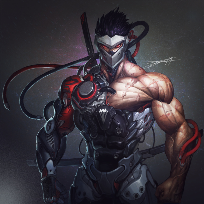 1boy, alternate_costume, biceps, black_hair, blackwatch_genji, cyborg, dark_background, genji_(overwatch)