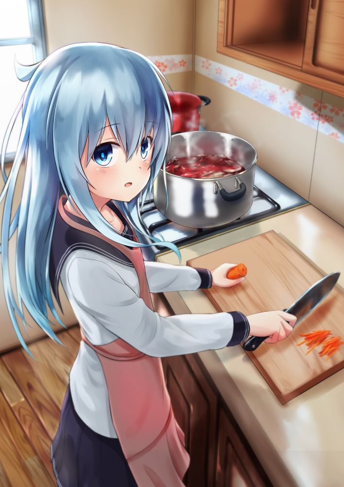 1girl, :o, akabane_hibame, apron, bangs, black_skirt, blue_eyes, blue_hair