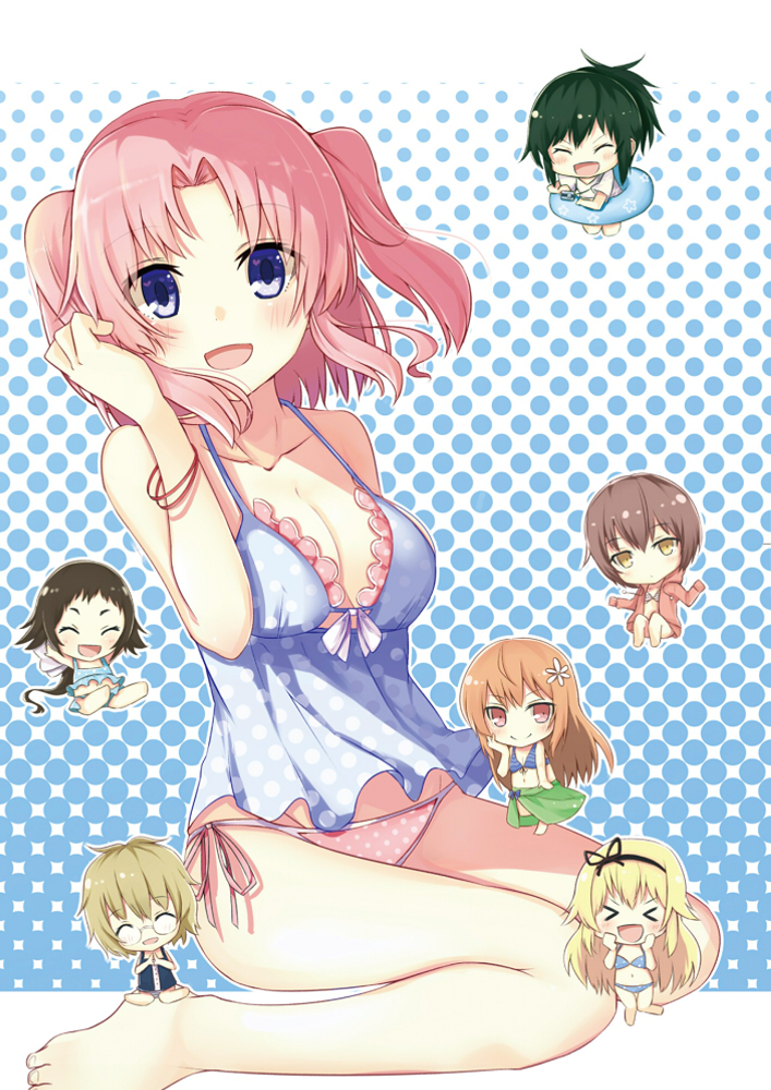 >_<, 6+girls, ^_^, breasts, brown_hair, chibi, cleavage, closed_eyes