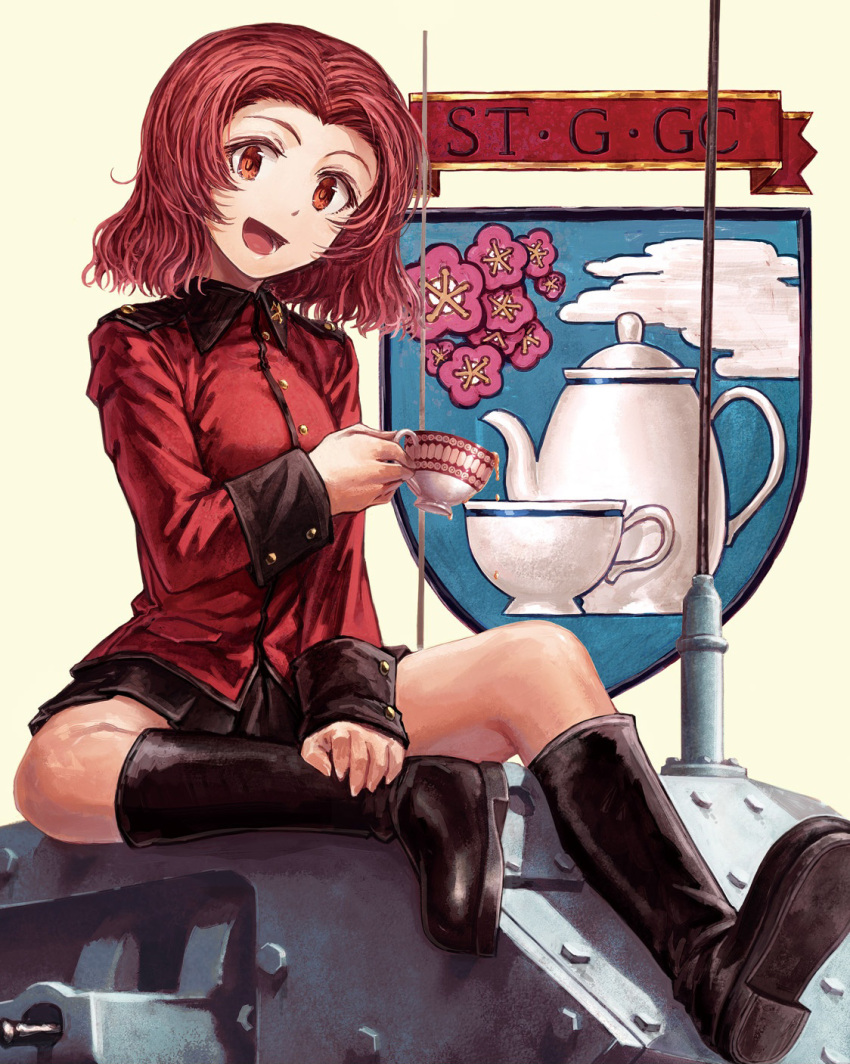 1girl, bangs, black_boots, black_skirt, boots, brown_eyes, cup, emblem