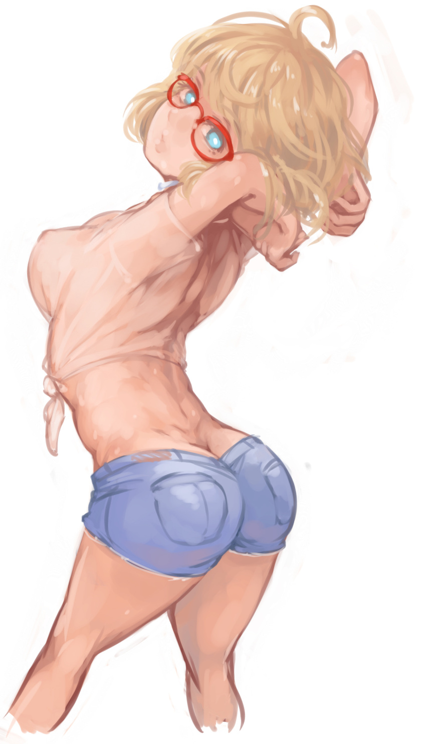 1girl, ahoge, annie_brown, arched_back, arms_behind_head, arms_up, ass, blonde_hair, blue_eyes, breasts, butt_crack, cutoffs, demstouts, denim, denim_shorts, erect_nipples, feet_out_of_frame, from_behind, glasses, highres, looking_at_viewer, looking_back, medium_breasts, midriff, red-framed_eyewear, see-through, shaft_look, shimoneta_to_iu_gainen_ga_sonzai_shinai_taikutsu_na_sekai, shirt, short_hair, shorts, simple_background, solo, standing, stretch, tied_shirt, white_background