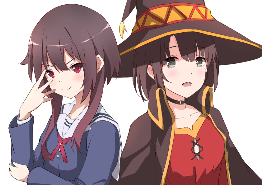 >:), 2girls, :d, brown_eyes, brown_hair, choker, collar, cosplay