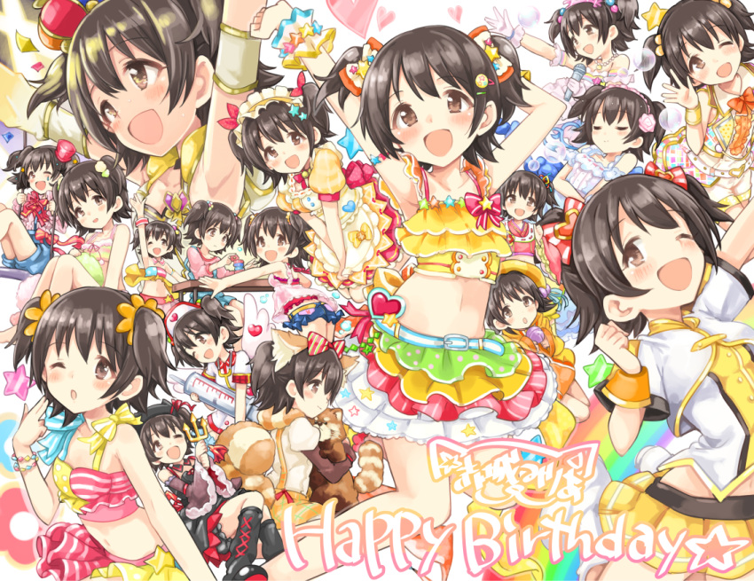 1girl, akagi_miria, animal_ears, ayami_(ayanoayanosuke), black_hair, brown_eyes, closed_eyes, costume, gloves, hat, idolmaster, idolmaster_cinderella_girls, idolmaster_cinderella_girls_starlight_stage, jacket, maid_headdress, midriff, mini_hat, mini_top_hat, multiple_persona, navel, open_mouth, outstretched_arm, outstretched_hand, pikapikapop, raccoon_ears, raccoon_tail, short_hair, skirt, tail, tanuki, thigh-highs, top_hat, twintails, two_side_up, white_gloves