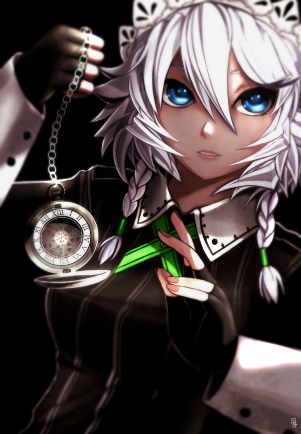 1girl, black_gloves, blue_eyes, blurry, braid, chains, fingerless_gloves, fixelcat