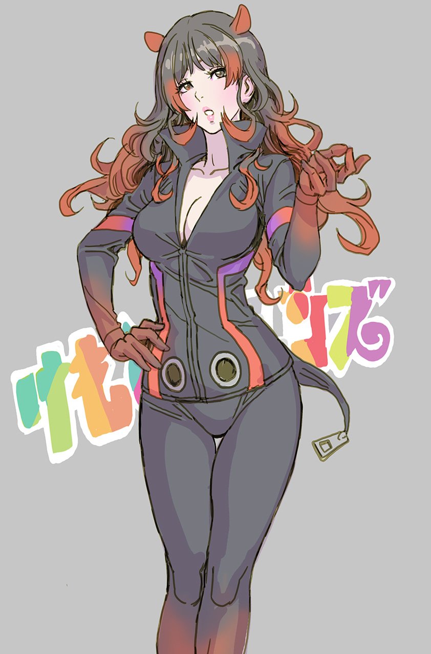 1girl, black_hair, bodysuit, breasts, brown_eyes, cleavage, curly_hair, grey_background