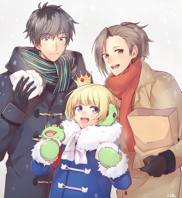 3boys, bag, beit, blonde_hair, blue_eyes, brown_eyes, brown_hair, coat