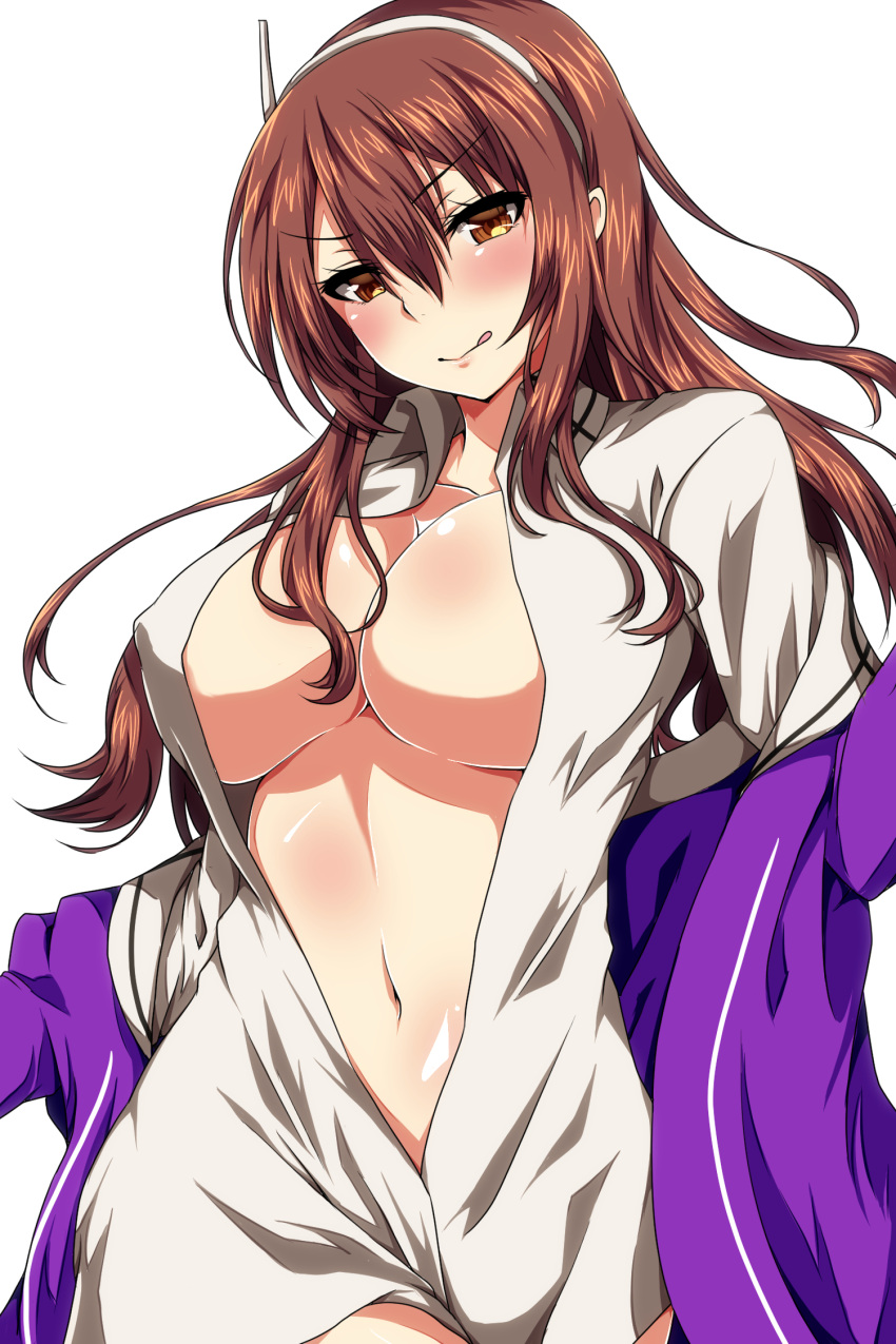 >:), 1girl, ar_(lover_boy), ashigara_(kantai_collection), breasts, brown_eyes, brown_hair, hairband