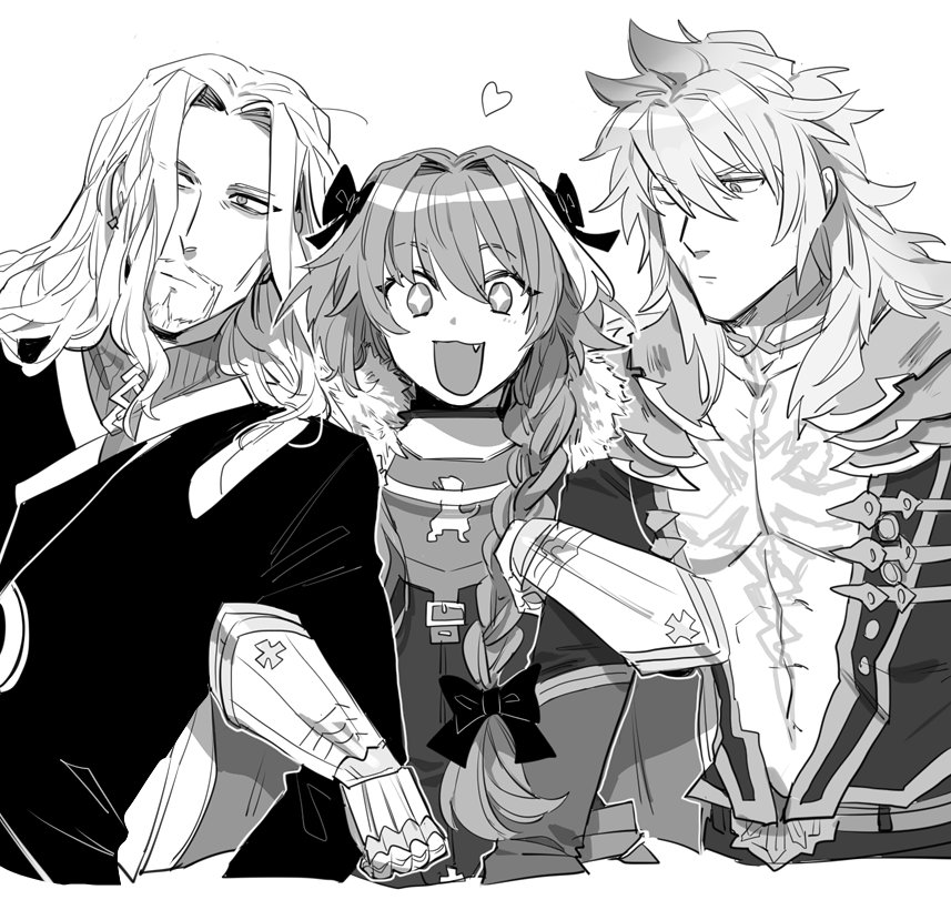 +_+, 3boys, armor, beard, boy_sandwich, braid, facial_hair, fang, fate/apocrypha, fate_(series), gauntlets, hair_ribbon, lancer_of_black, long_hair, looking_at_viewer, male_focus, multiple_boys, nogamichi, open_mouth, ribbon, rider_of_black, saber_of_black, sandwiched, single_braid, smile, trap