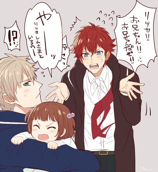 !?, 1girl, 2boys, bangs, blonde_hair, blunt_bangs, blush, brown_hair