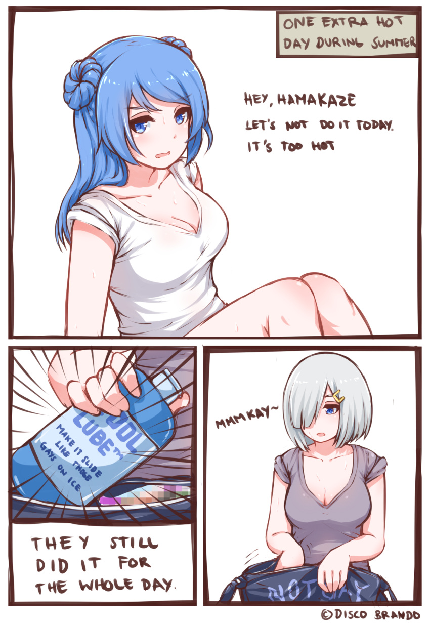 2girls, alternate_costume, blue_eyes, blue_hair, breasts, casual, cleavage, contemporary
