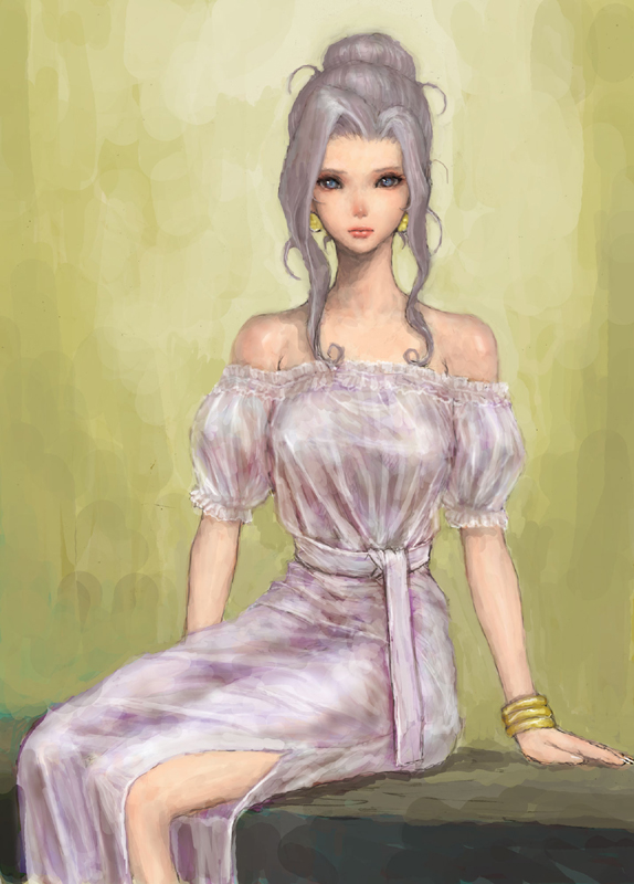 bare_shoulders, dress, grey_hair, katrina_(romancing_saga), long_hair, pon, romancing_saga_3, sad, saga, sitting