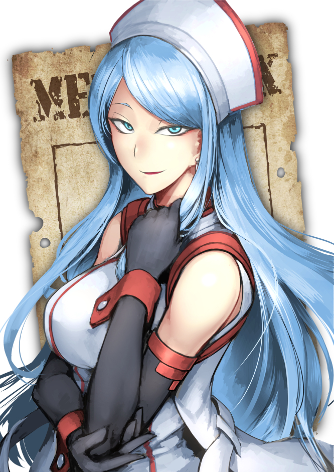 1girl, belt, black_gloves, blue_eyes, blue_hair, breasts, commentary, copyright_name
