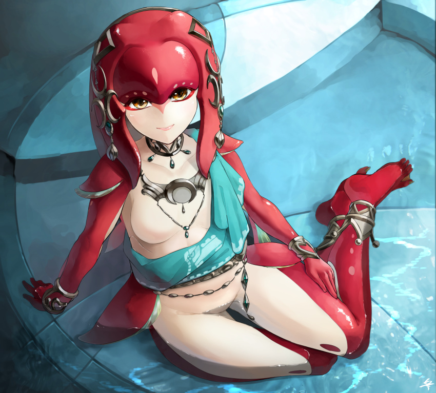 1girl, anklet, arm_support, bracelet, bracer, breasts, brown_eyes, cape, choker, closed_mouth, eyeliner, fins, fish_girl, full_body, groin, hair_ornament, highres, jewelry, light_smile, looking_at_viewer, makeup, medium_breasts, mipha, monster_girl, necklace, no_nipples, nude, ornament, partially_submerged, pendant, rati_(absoluteblue), red_skin, redhead, sash, signature, sitting, smile, solo, tentacle_hair, the_legend_of_zelda, the_legend_of_zelda:_breath_of_the_wild, thigh_gap, two-tone_skin, water, yokozuwari, zora