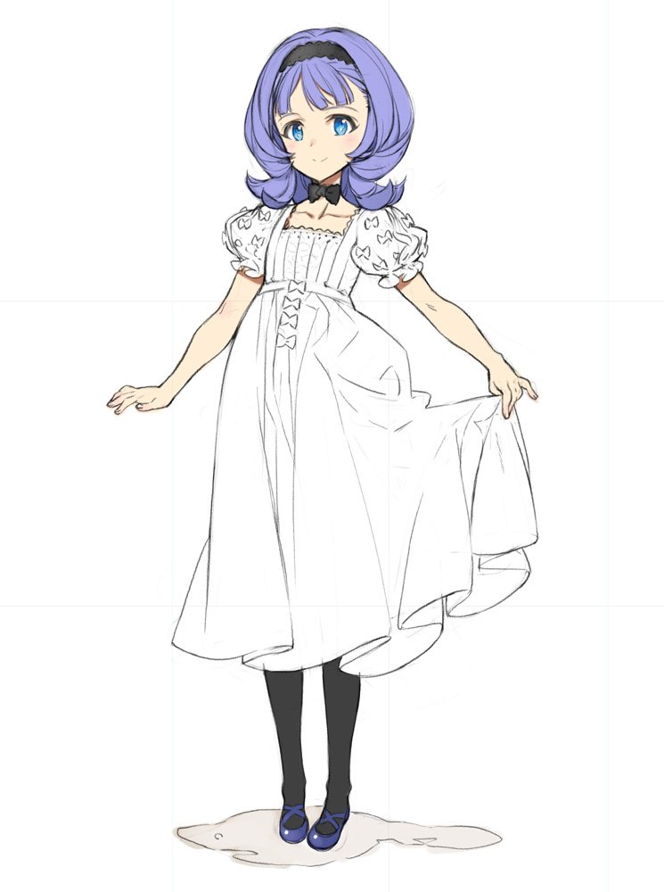 1girl, almiria_bauduin, black_legwear, blue_eyes, blush, bow, bowtie, child, dress, gundam, gundam_tekketsu_no_orphans, hairband, ooyari_ashito, pantyhose, puffy_short_sleeves, puffy_sleeves, purple_hair, short_sleeves, skirt, skirt_lift, smile, solo, white_background, white_dress
