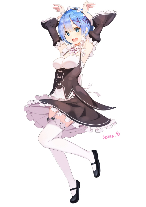 1girl, black_dress, black_shoes, blue_eyes, blue_hair, blush, detached_sleeves, dress, frilled_sleeves, frills, hair_ornament, hair_over_one_eye, hair_ribbon, looking_at_viewer, maid, maid_headdress, mary_janes, open_mouth, pink_ribbon, rak_(kuraga), re:zero_kara_hajimeru_isekai_seikatsu, red_ribbon, rem_(re:zero), ribbon, ribbon-trimmed_clothes, ribbon_trim, shoes, short_hair, standing, standing_on_one_leg, thigh-highs, underbust, white_legwear, wide_sleeves, x_hair_ornament