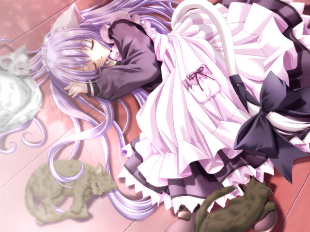 cafe_little_wish, cat, cat_ears, cat_tail, closed_eyes, dress, game_cg, long_hair