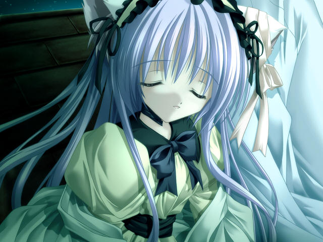 blue_hair, cafe_little_wish, cat_ears, closed_eyes, dress, game_cg, long_hair, mina_(cafe_little_wish)