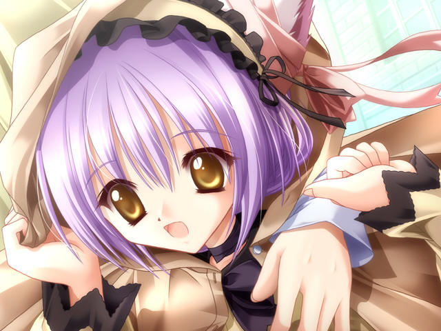 cafe_little_wish, cape, cat_ears, game_cg, mina_(cafe_little_wish), purple_hair, ribbon, ribbons