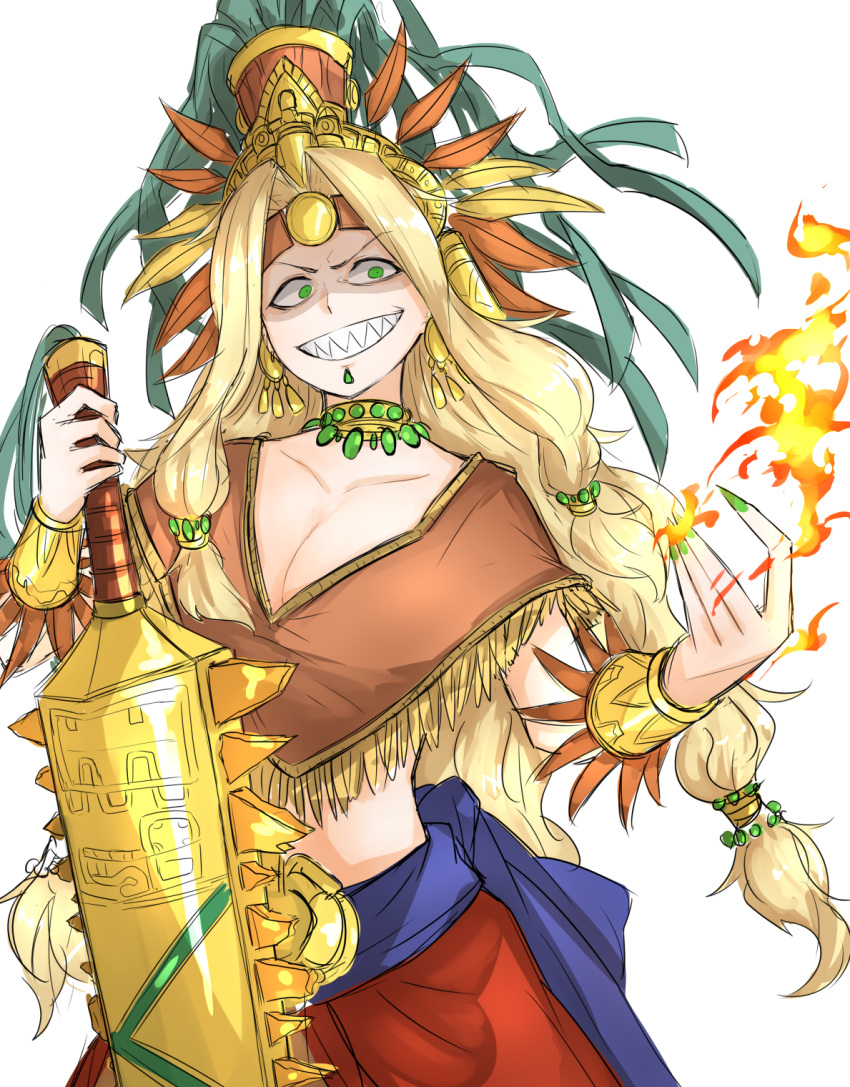 1girl, aztec, blonde_hair, bracer, breasts, circlet, cleavage, commentary_request