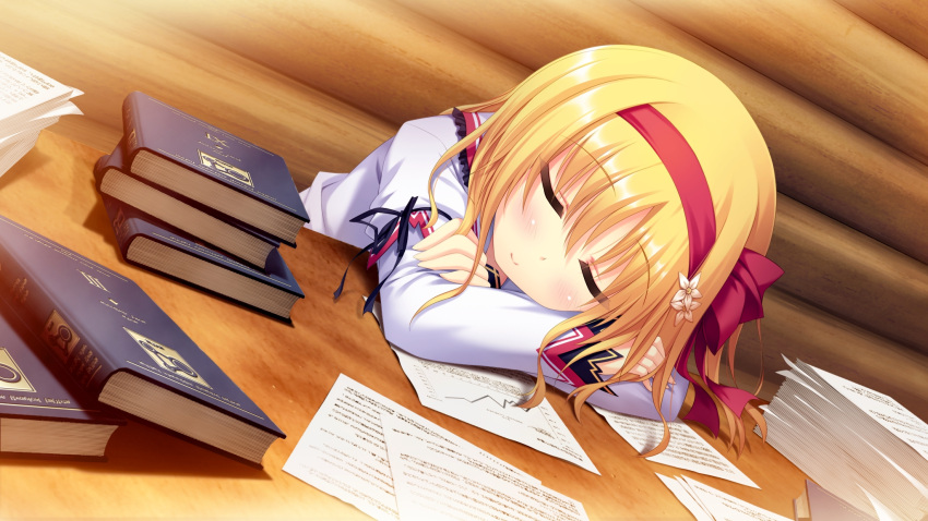 1girl, bangs, black_ribbon, blonde_hair, blush, book_stack, bow, closed_eyes