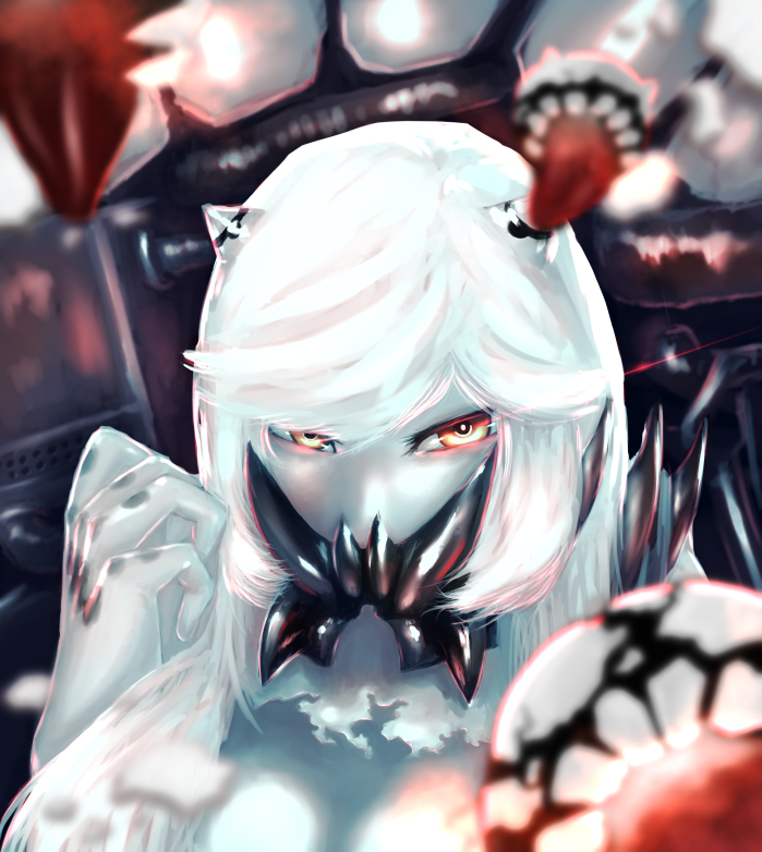 1girl, clenched_hand, covered_mouth, floating_fortress_(kantai_collection), glaring, glowing, glowing_eyes, hand_up