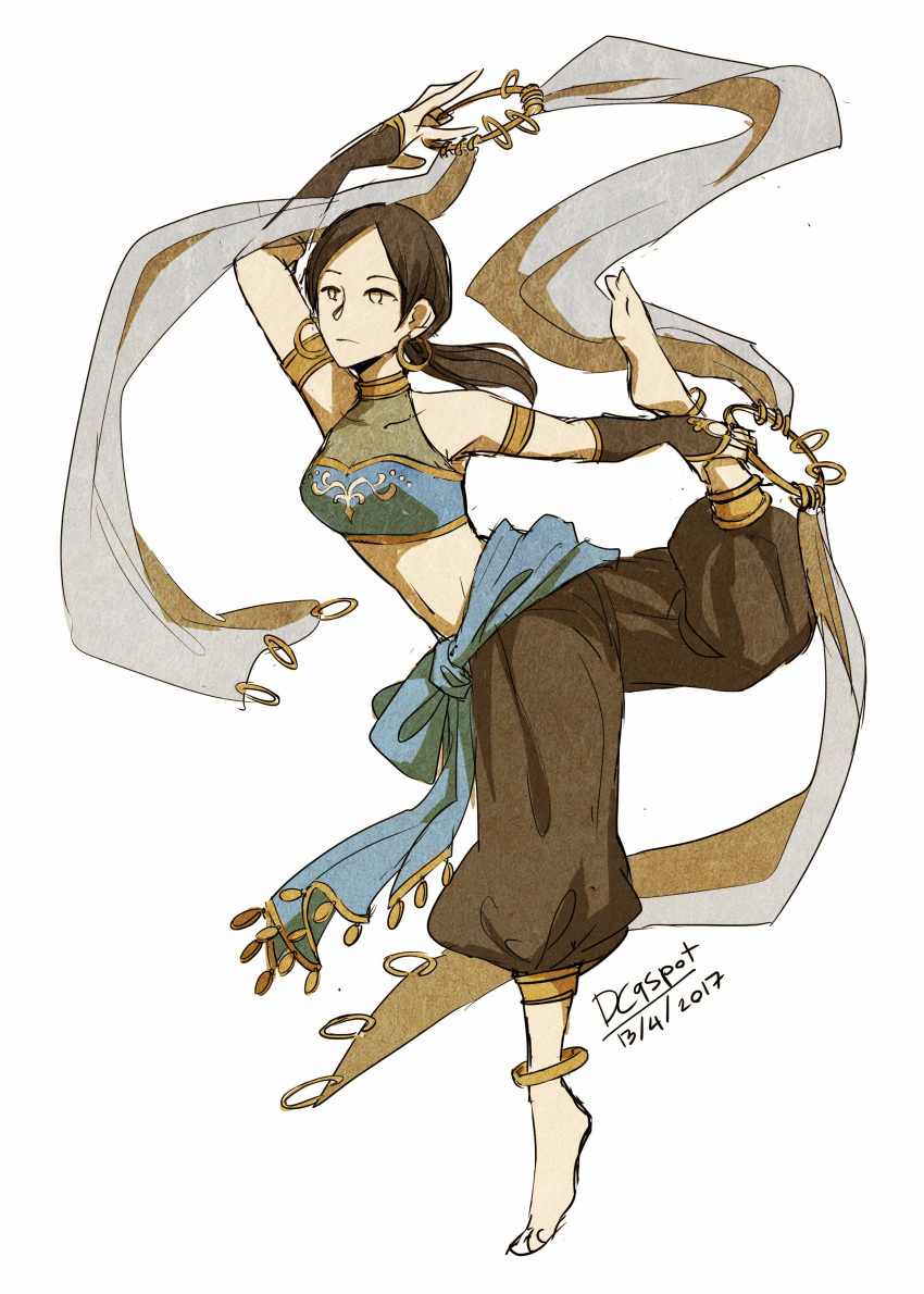 1girl, absurdres, adapted_costume, alternate_costume, anklet, armlet, artist_name, barefoot, brown_hair, capri_pants, choker, dancer, dancing, dc9spot, earrings, fingerless_gloves, fire_emblem, gloves, harem_pants, highres, holding_legs, jewelry, long_hair, pants, parody, pose, sash, solo, white_eyes, wii_fit, wii_fit_trainer