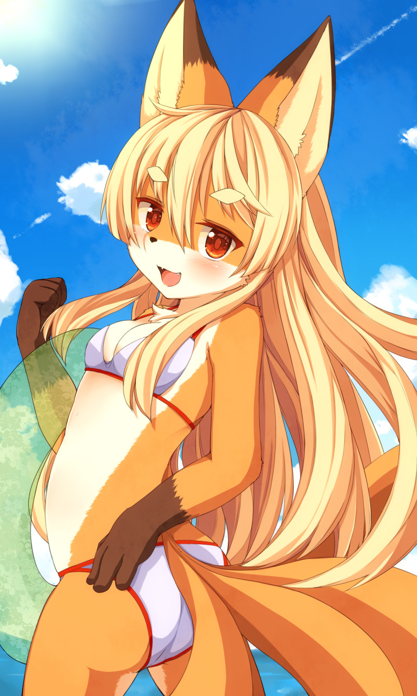 1girl, :d, ass, bare_arms, bare_shoulders, blonde_hair, blush, breasts, cleavage, condensation_trail, cowboy_shot, day, eyebrows, eyebrows_visible_through_hair, fangs, from_behind, furry, hair_between_eyes, hand_on_hip, highres, holding, innertube, kida_kuro_mu, long_hair, looking_at_viewer, looking_back, multiple_tails, ocean, open_mouth, original, red_eyes, revision, small_breasts, smile, solo, standing, summer, sunlight, tail, teeth, thick_eyebrows, transparent, very_long_hair, water
