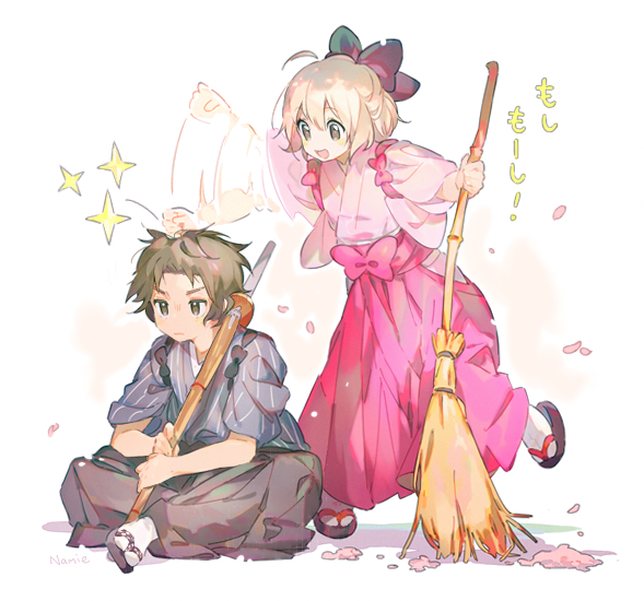 1boy, 1girl, :d, afterimage, ahoge, bamboo_broom, black_bow, blonde_hair